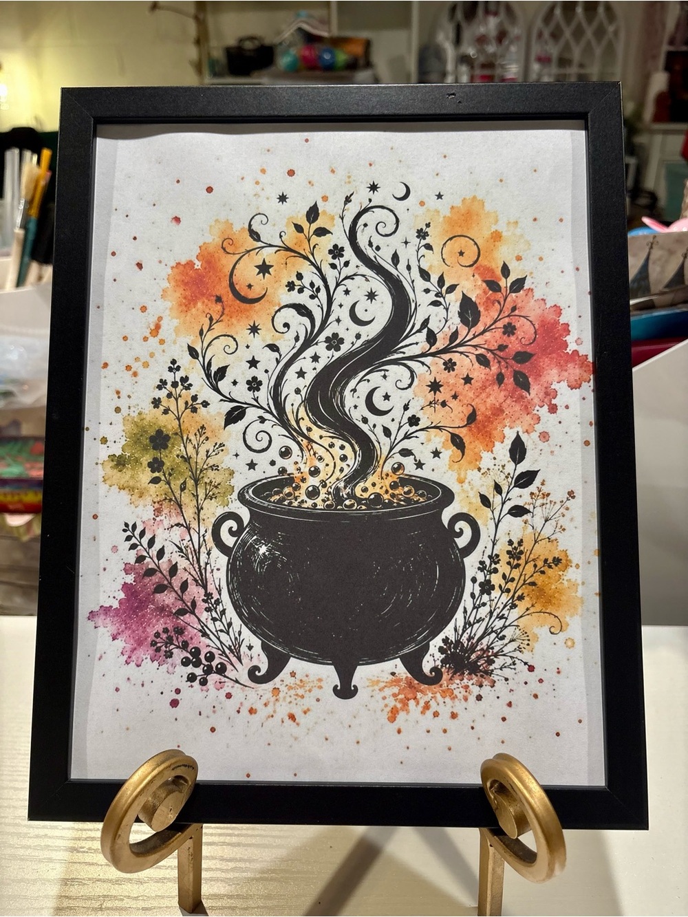 Framed Black Cauldron 8x10 Wall Art Print — Autumn Watercolor Accents
